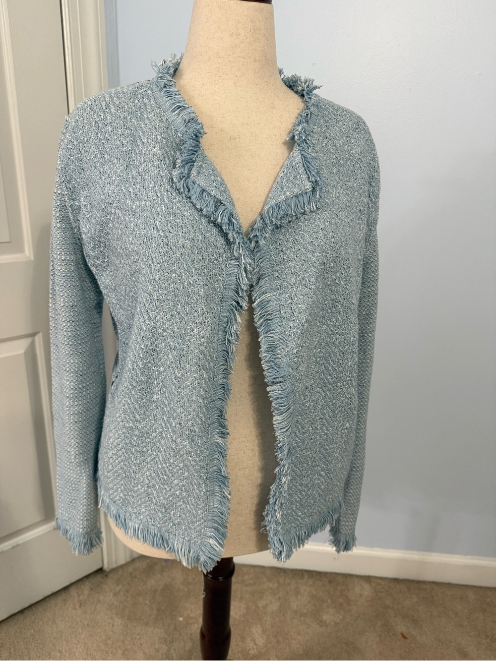 NIC+ZOE Soft Blue Fringe-Trim Open Cardigan